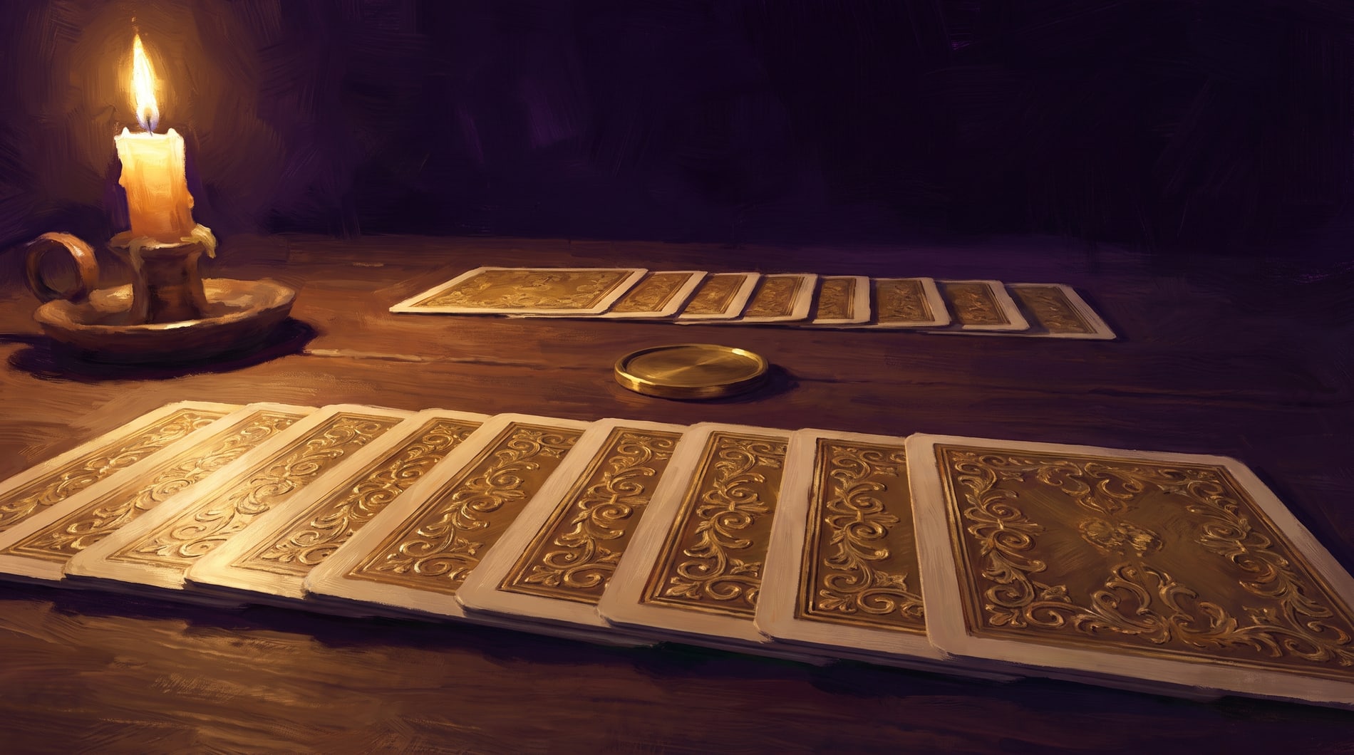 A lamplit table mid-game, two facing rows of gilt-backed cards with a brass counter dial between them.