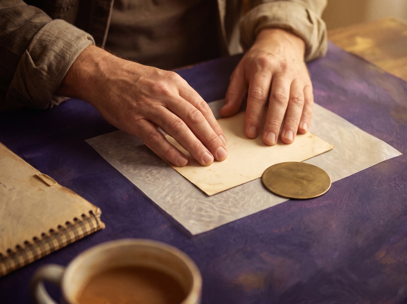 A teacher’s hands laying a card onto a vellum play mat beside a brass dial.