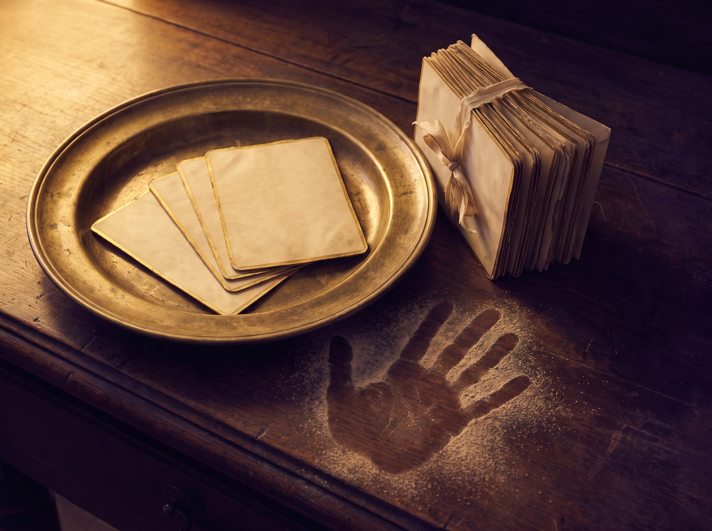 A shallow brass dish holding four face-down cards beside a taller stack of upright cards.