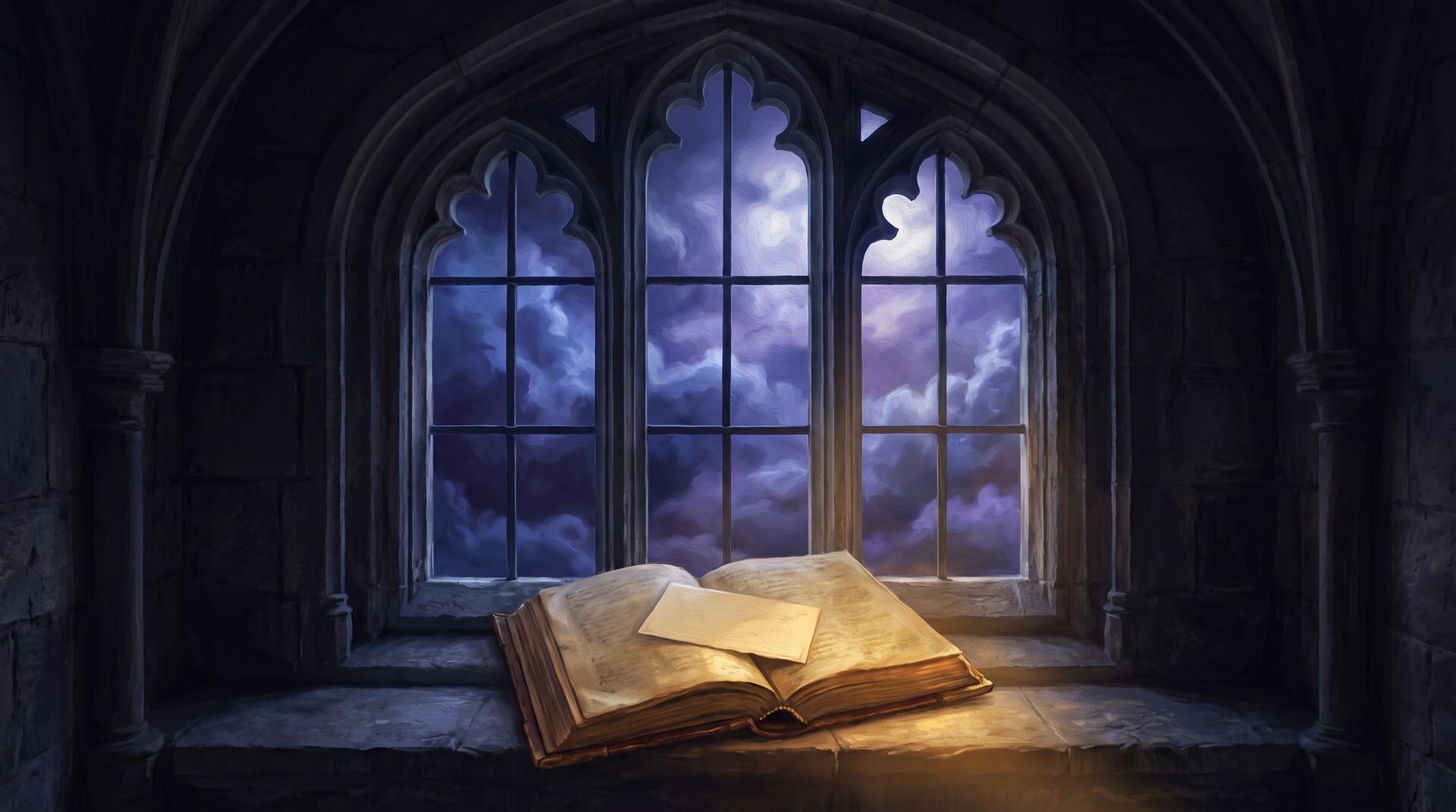 A tall arched window at night, violet cloud beyond, an open book on the sill with a card across its pages.
