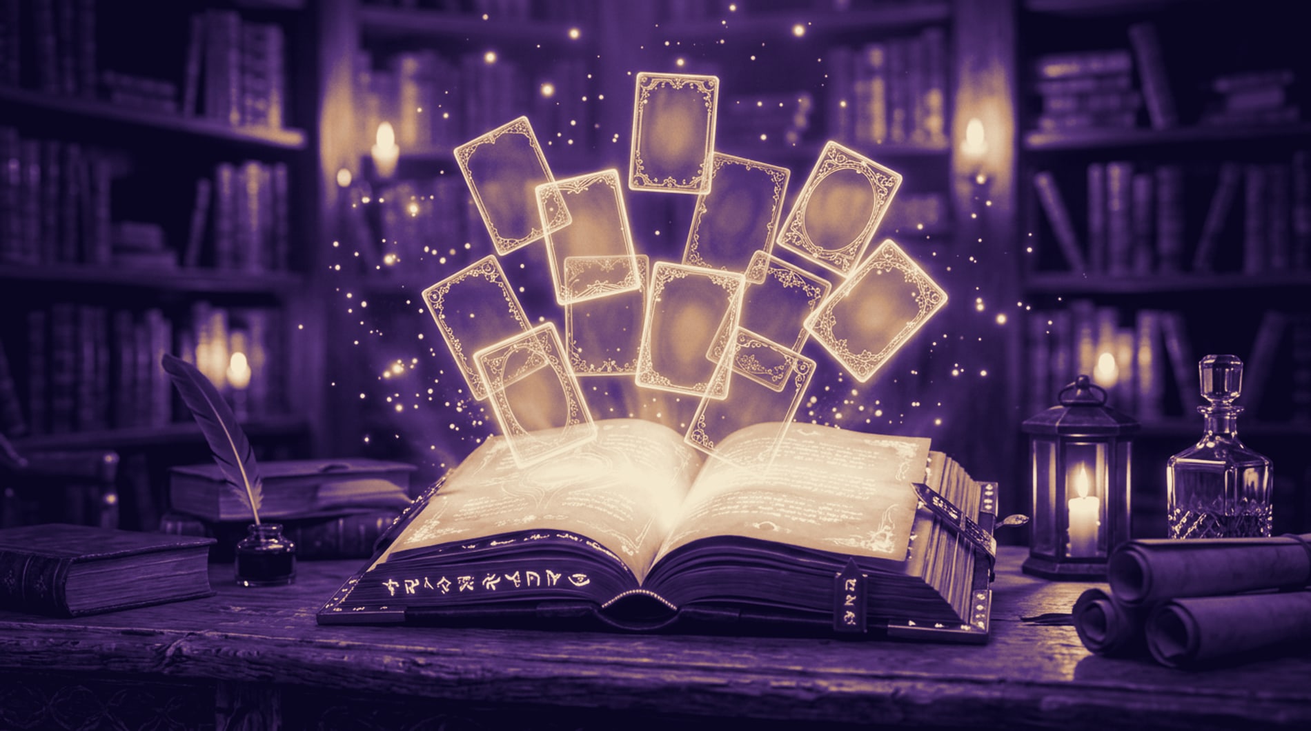 An open illuminated codex on a table, cards rising from its pages into the dark, lit violet and gold.