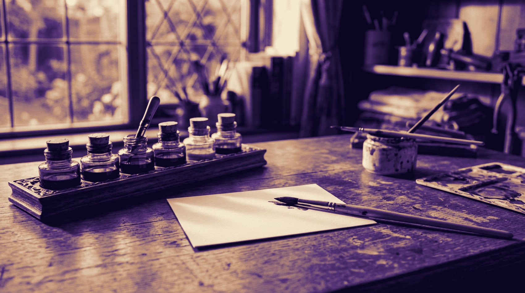 An artist’s desk with a rack of open ink bottles, a pen and a blank sheet, in violet and vellum tones.
