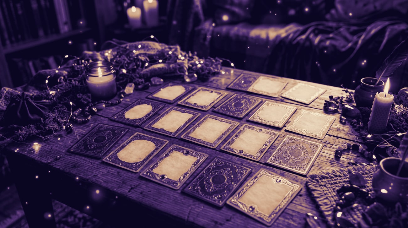 Cards laid out in a grid across a worn table, lit by a single lamp, in violet and vellum tones.