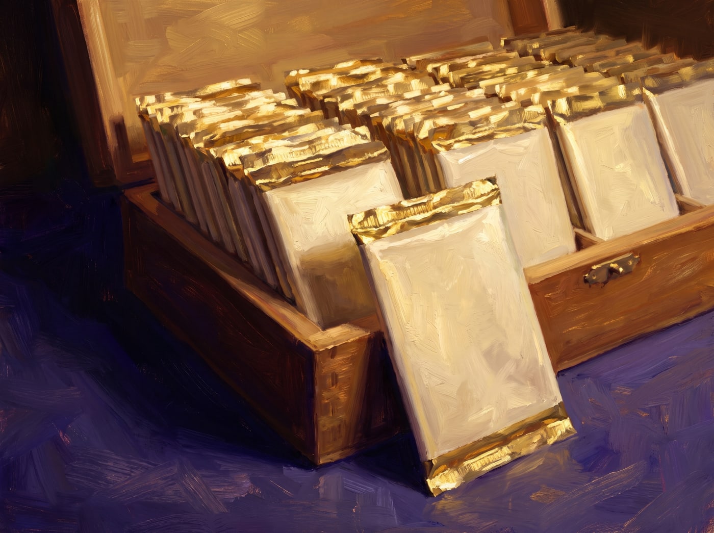 An opened display of sealed packs standing in a row like books, one pulled proud of the rest.