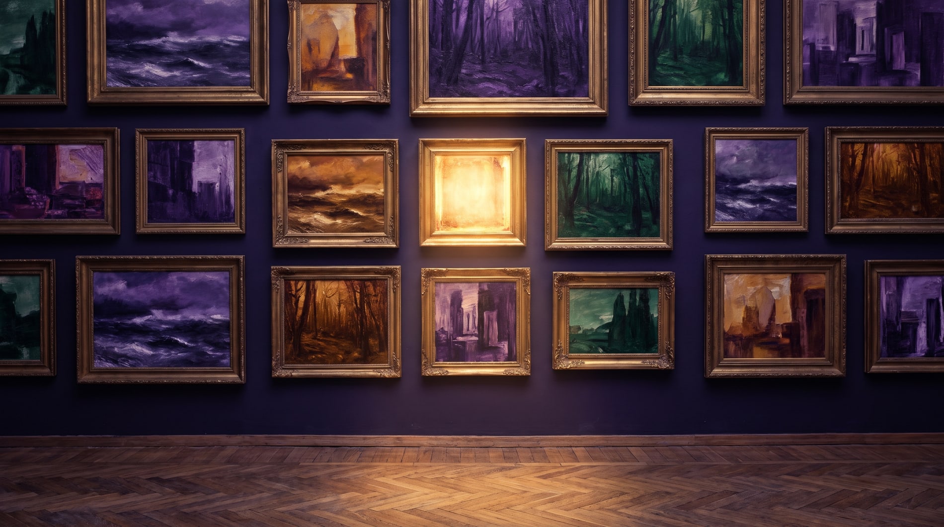 A dark gallery wall salon-hung with framed painted card artworks, one frame near the centre burning brighter.