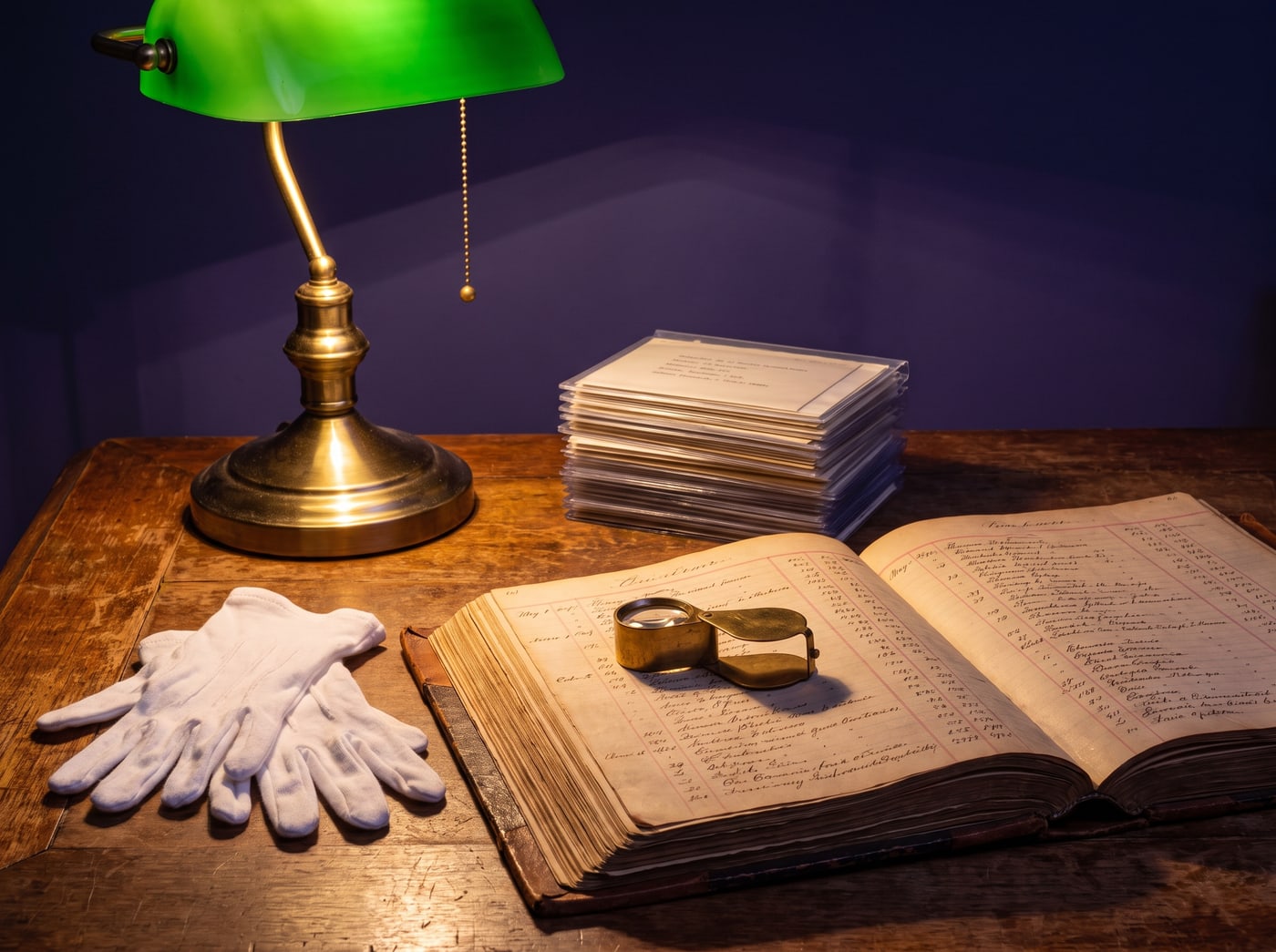 An archivist’s desk at night: cotton gloves, a brass loupe, an open ledger in brown ink, sleeved cards.