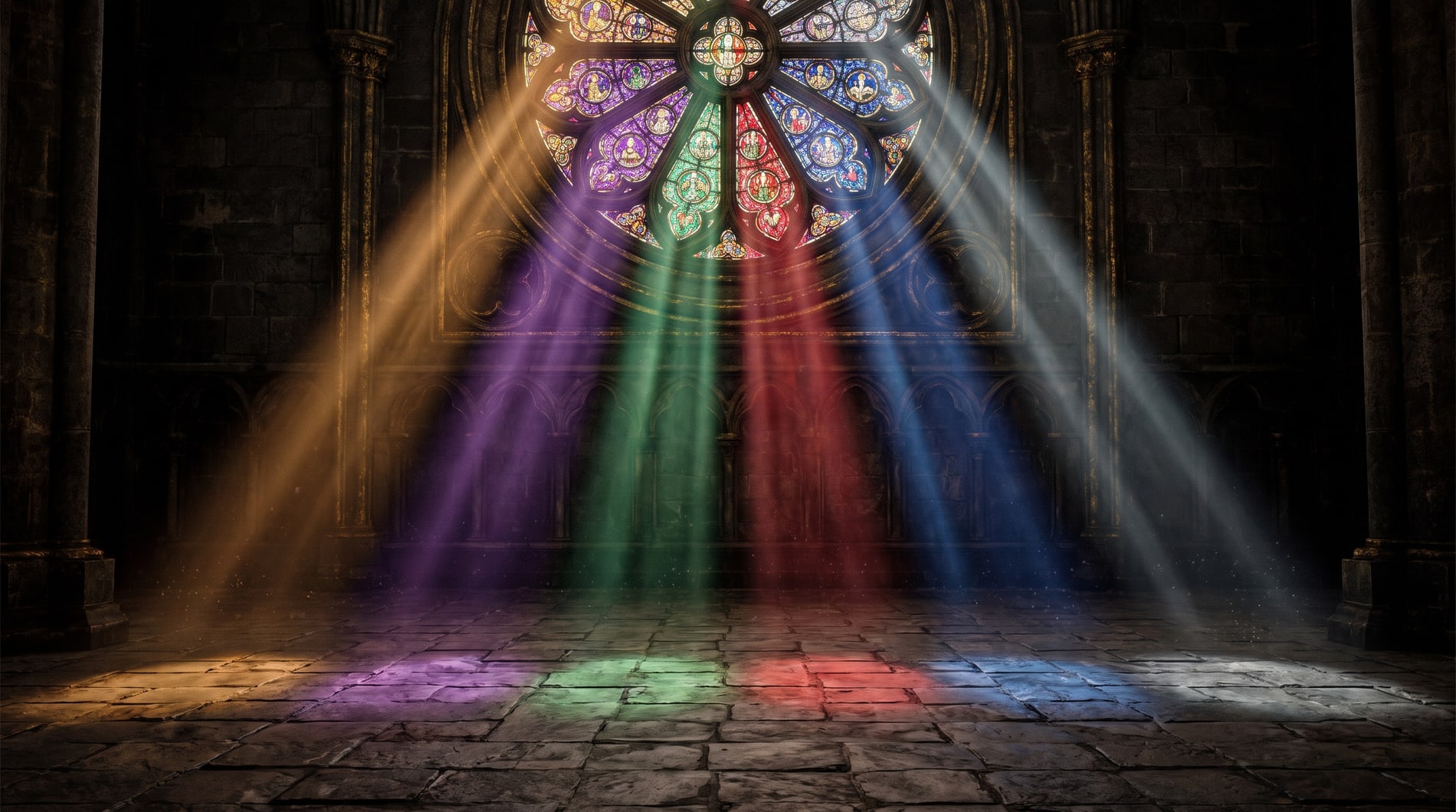 A stained-glass rose window casting six coloured shafts of light onto a dark flagstone floor.