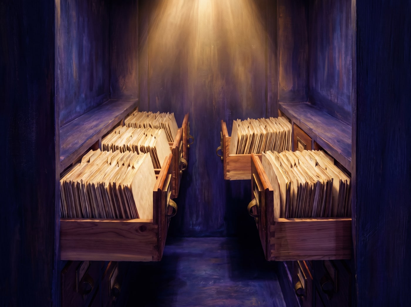 A narrow archive alcove of upright sleeved cards in cedar drawers, lit by one shaft of warm gold.