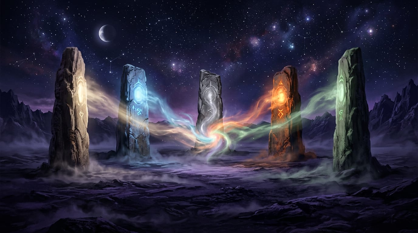 Five standing monoliths in a ring under a crescent moon, each lit a different colour, ribbons of light winding between them