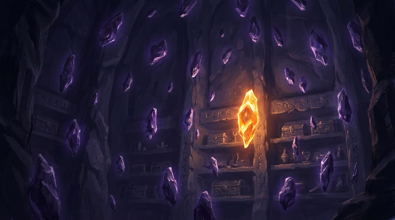 A black-rock vault wall set with shelves of amethyst crystals, one shard burning orange at the centre