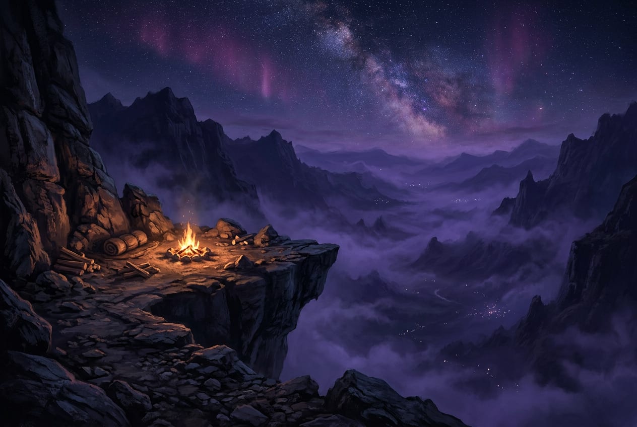 A small campfire on a cliff ledge above a violet valley, the milky way overhead