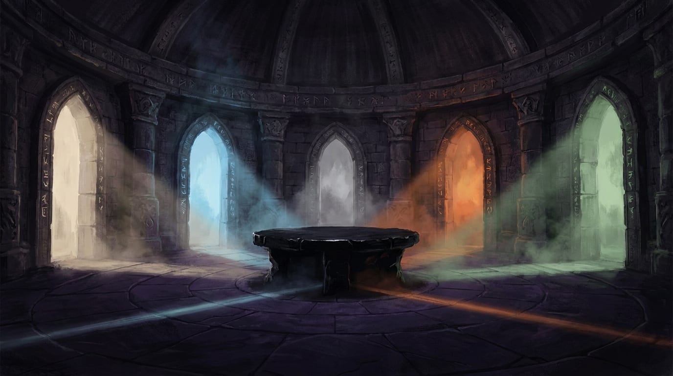 A domed stone chamber with a round black table at its centre and five archways around it, each pouring light of a different colour
