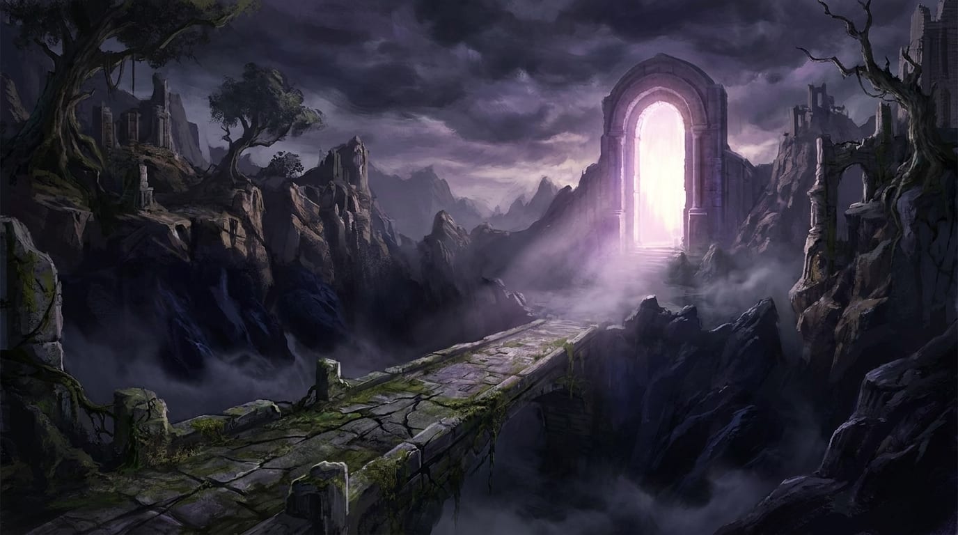A stone bridge crossing a misty chasm toward a glowing arched gateway