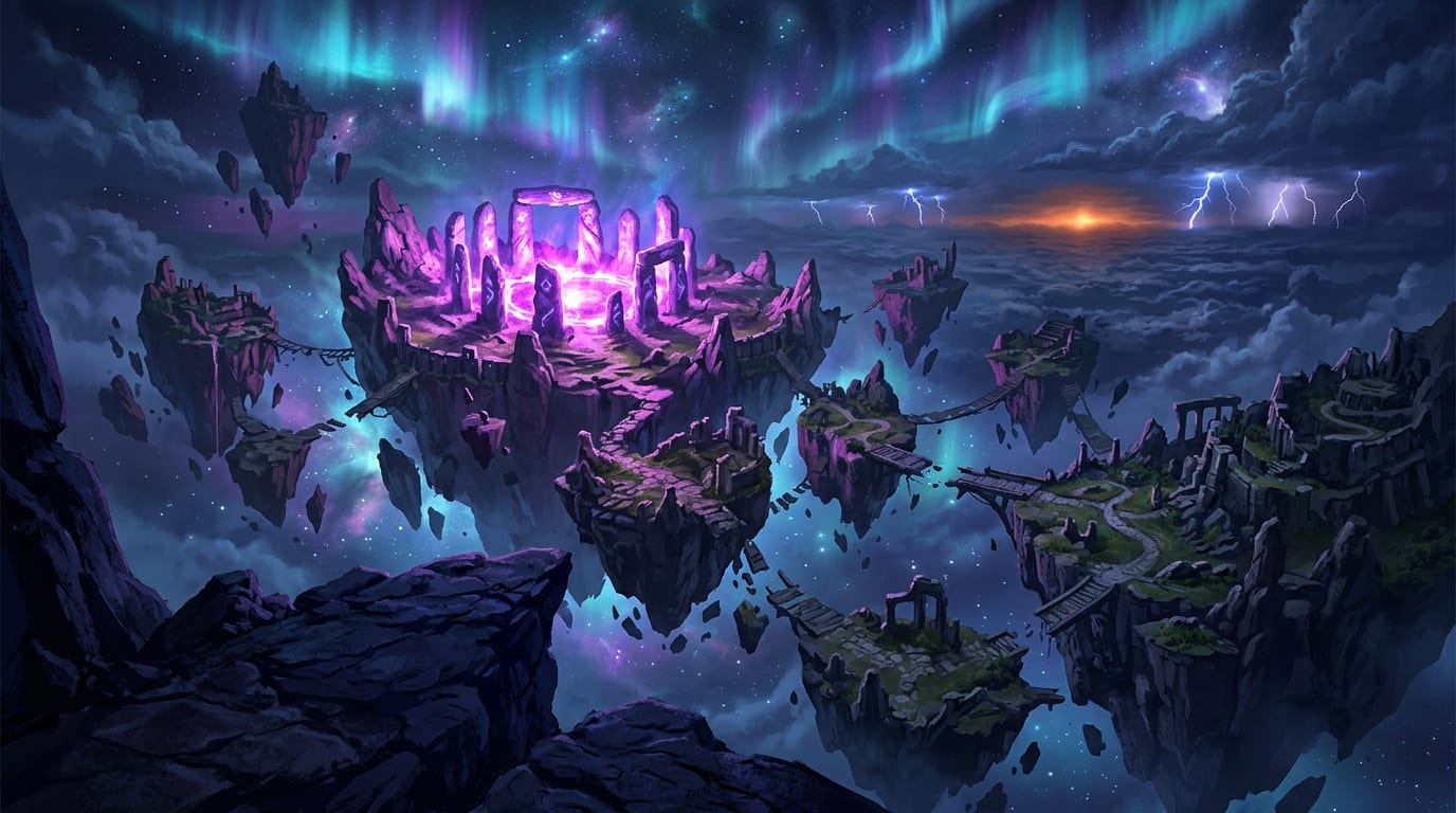 Shattered islands drifting above a storm sea, a ring of blazing violet standing stones burning at their centre beneath a green aurora