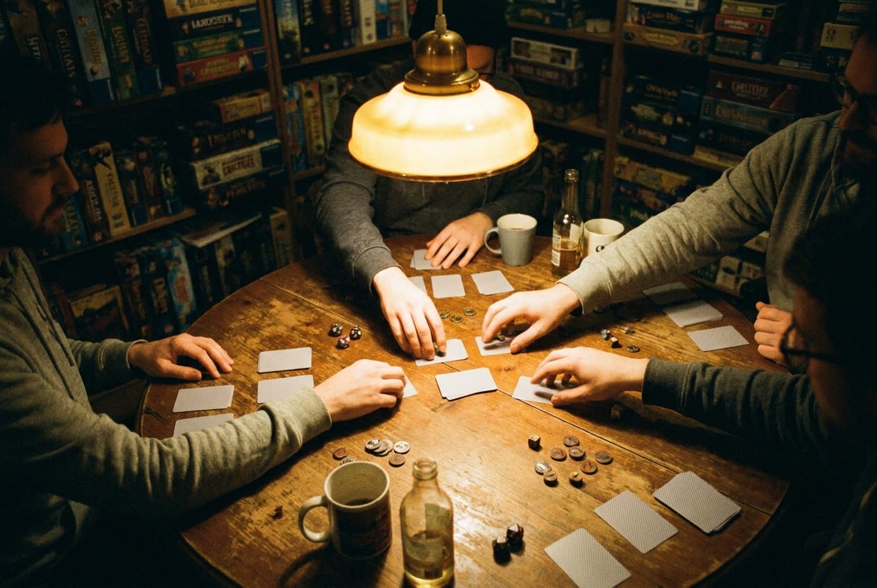 Four players' hands around a lamplit game-shop table, cards, coins and counters spread between them