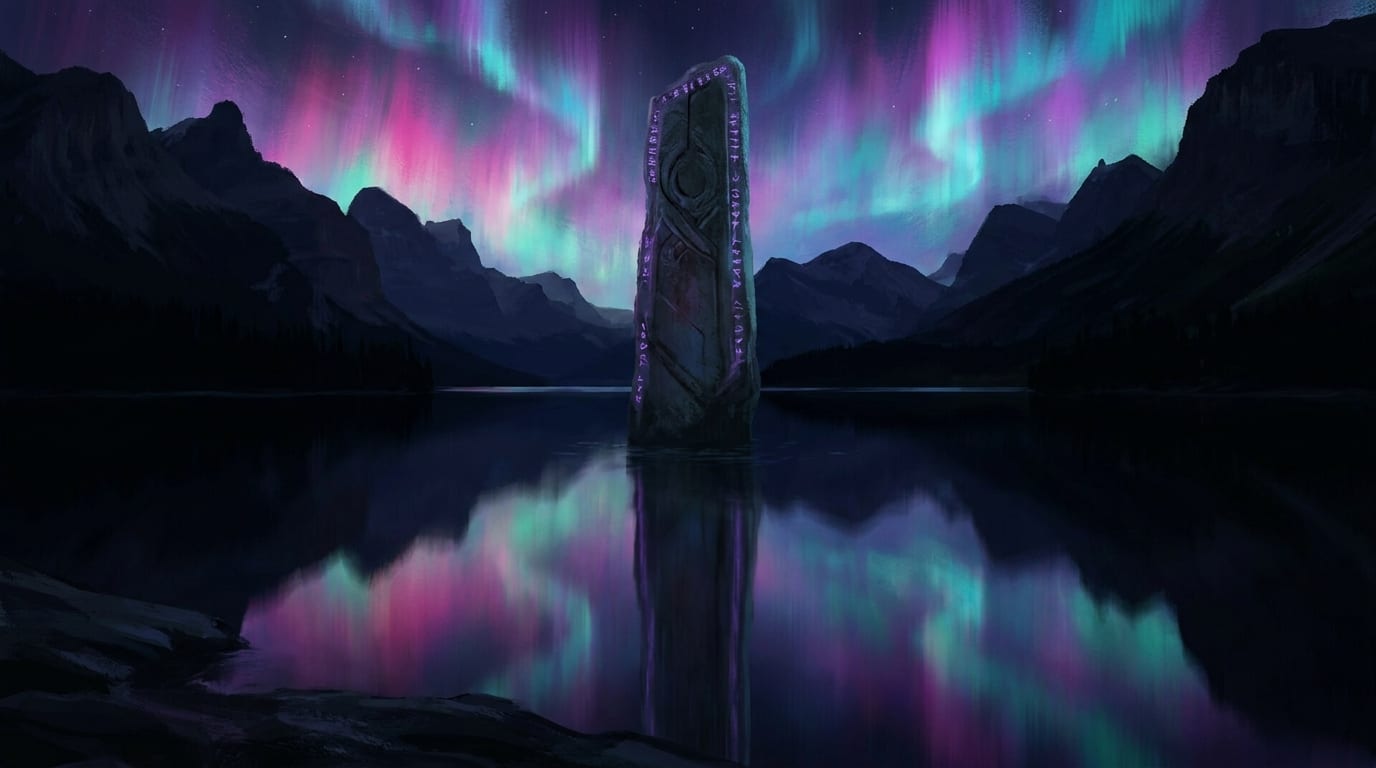 A mirror-still black lake reflecting a green and magenta aurora, a runed monolith standing in the shallows