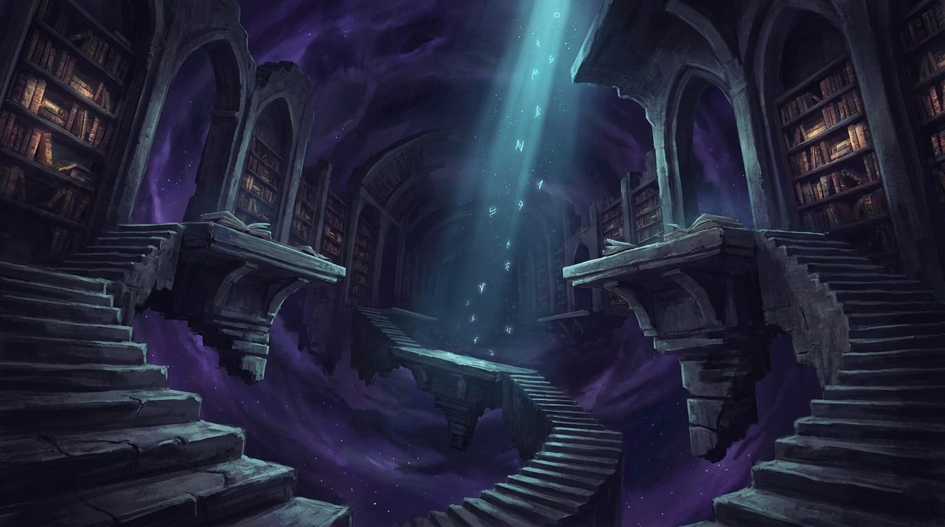 A vast library plane of stone arches and staircases running at impossible angles, a shaft of cyan light falling through the middle