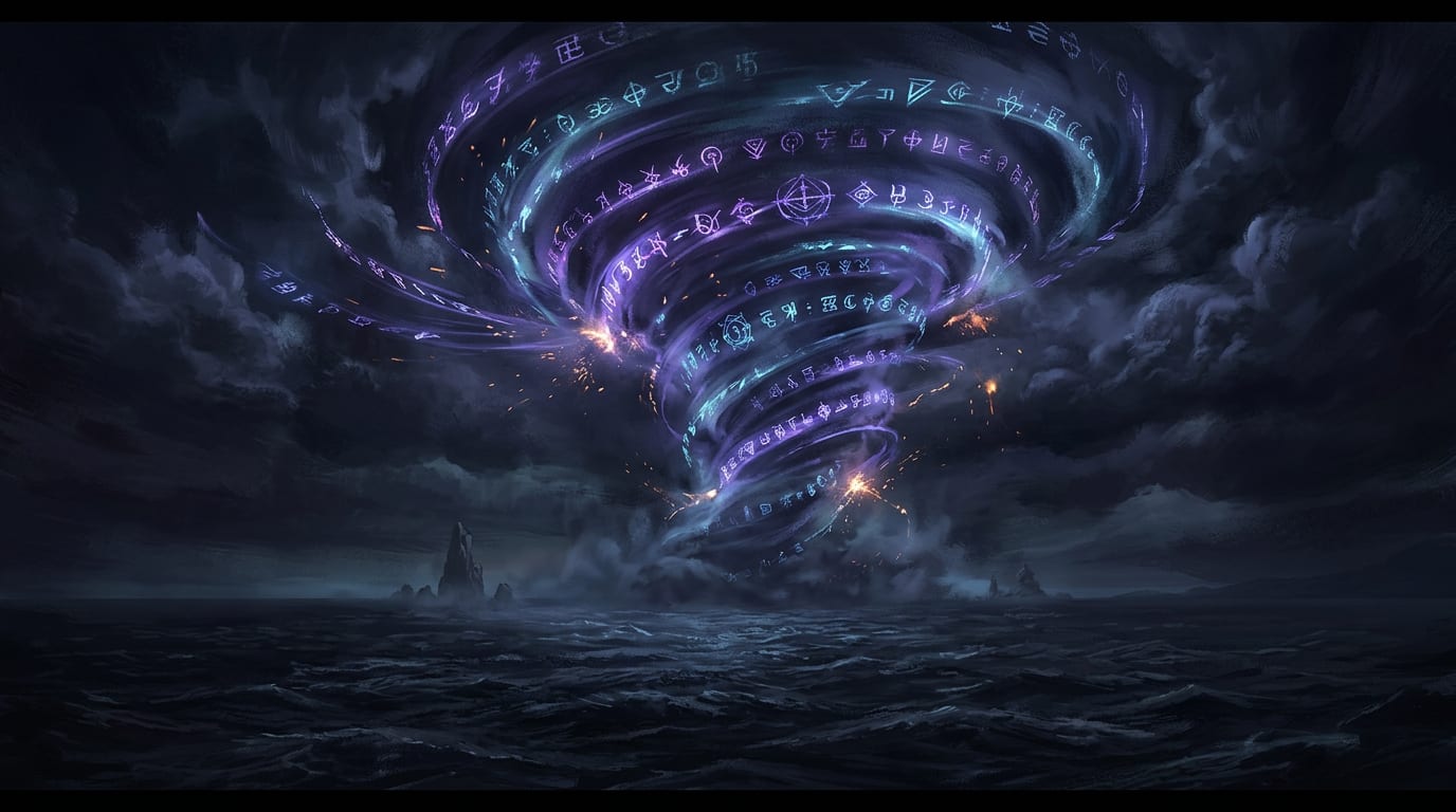 A slow vortex of luminous rune rings turning above dark water