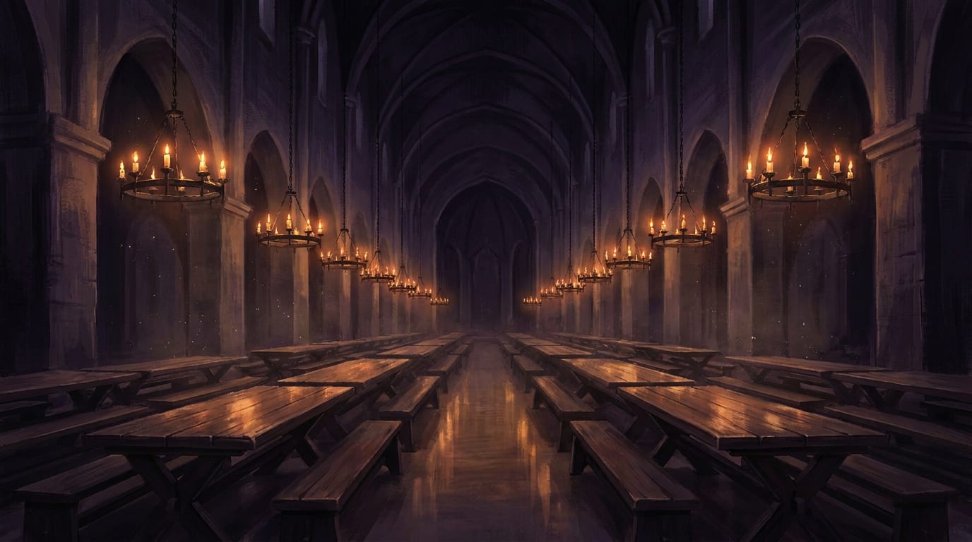 A candlelit banquet hall of long trestle tables and benches receding into the dark beneath rows of iron chandeliers