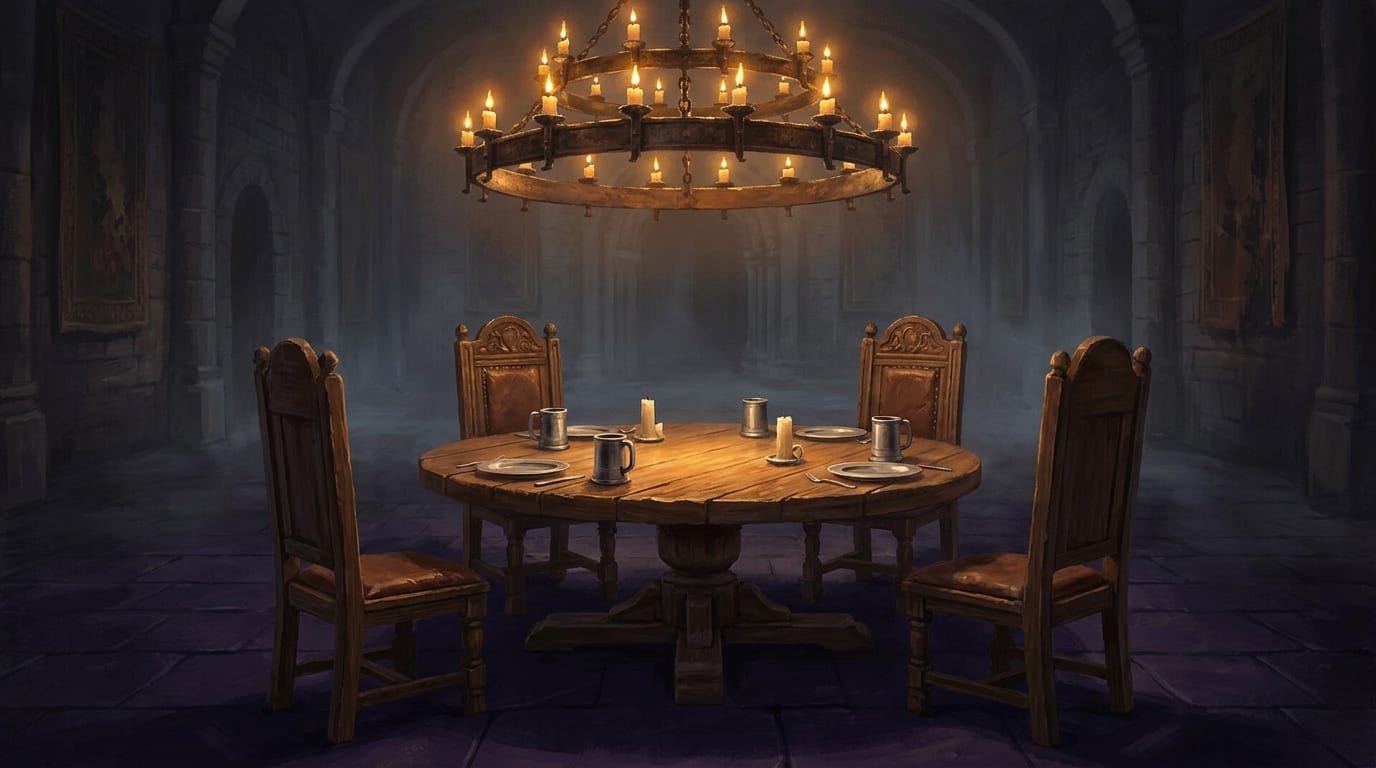 A round wooden table laid for four under a great iron candle chandelier, four high-backed leather chairs drawn up around it