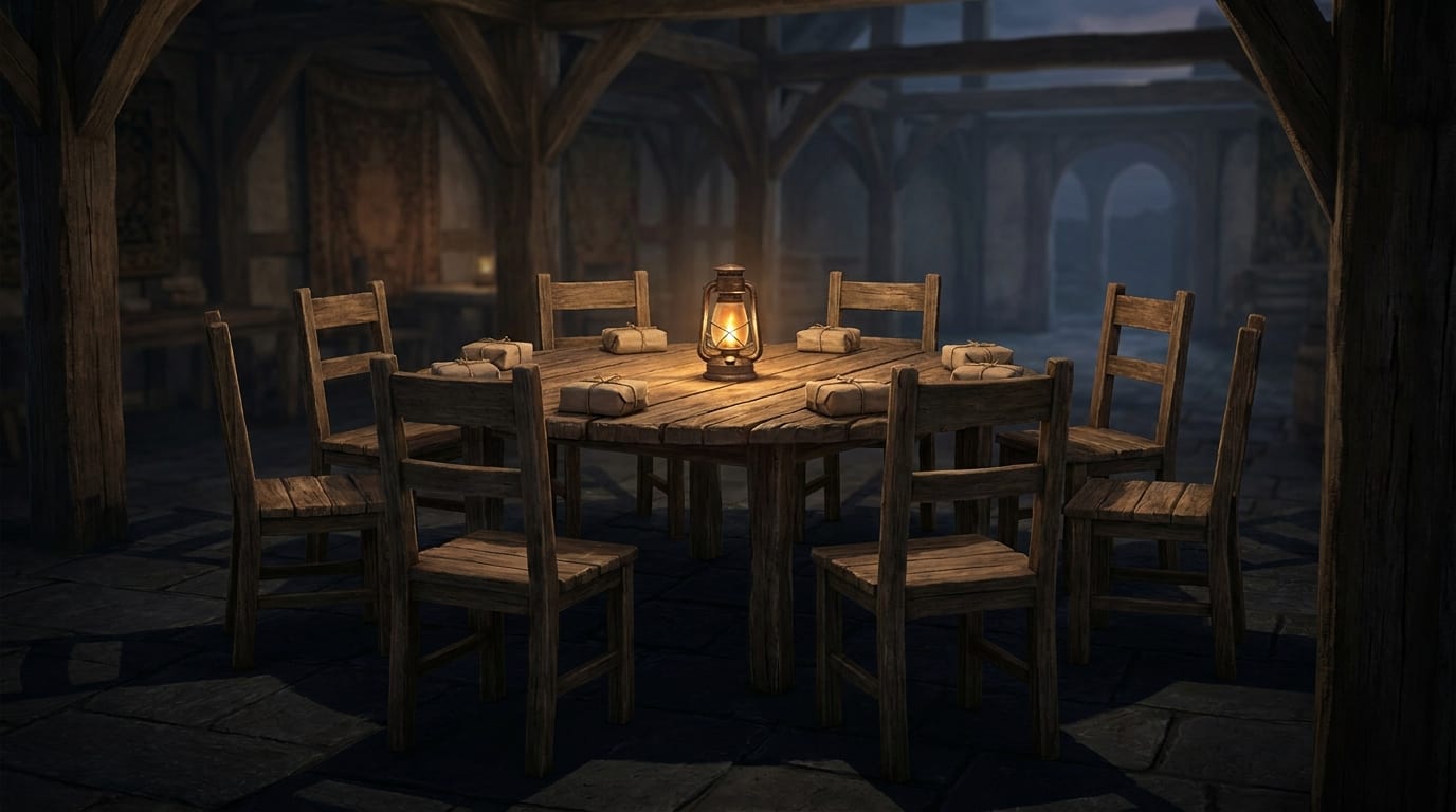 Eight plain wooden chairs pulled up to a round timber table in a raftered hall, a paper-wrapped packet set at every seat around a single lantern