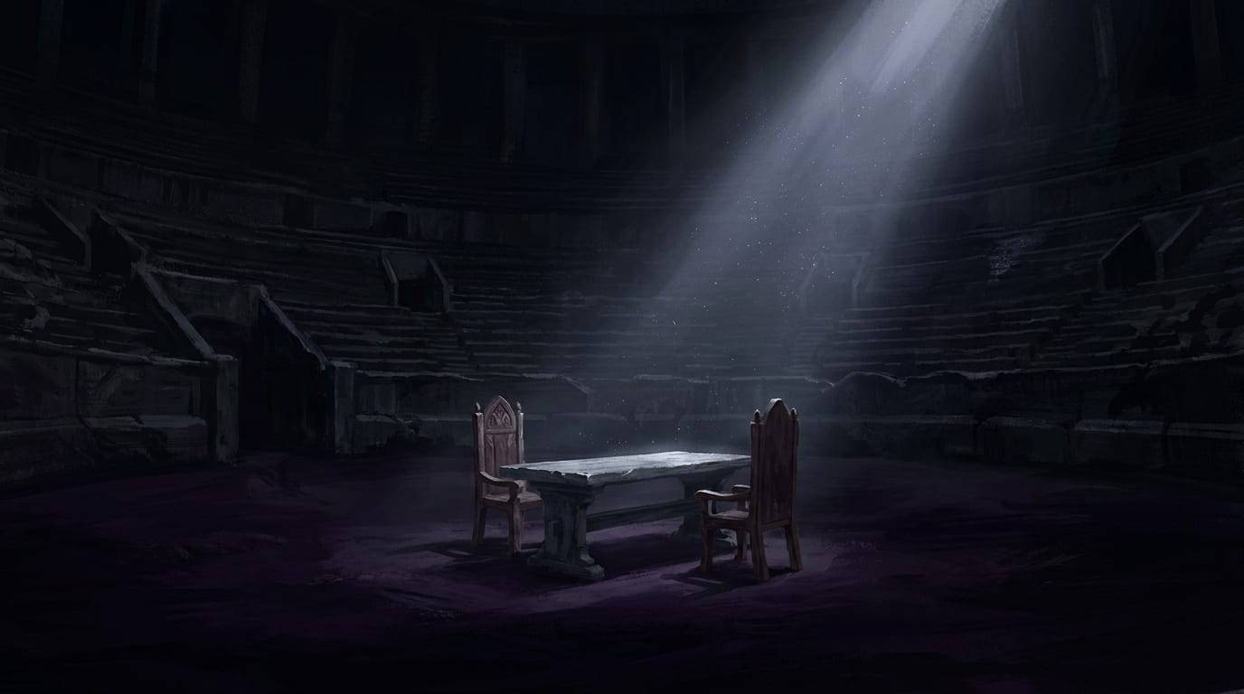 A single long stone table with two facing chairs at the floor of an empty stone amphitheatre, lit by one shaft of pale light