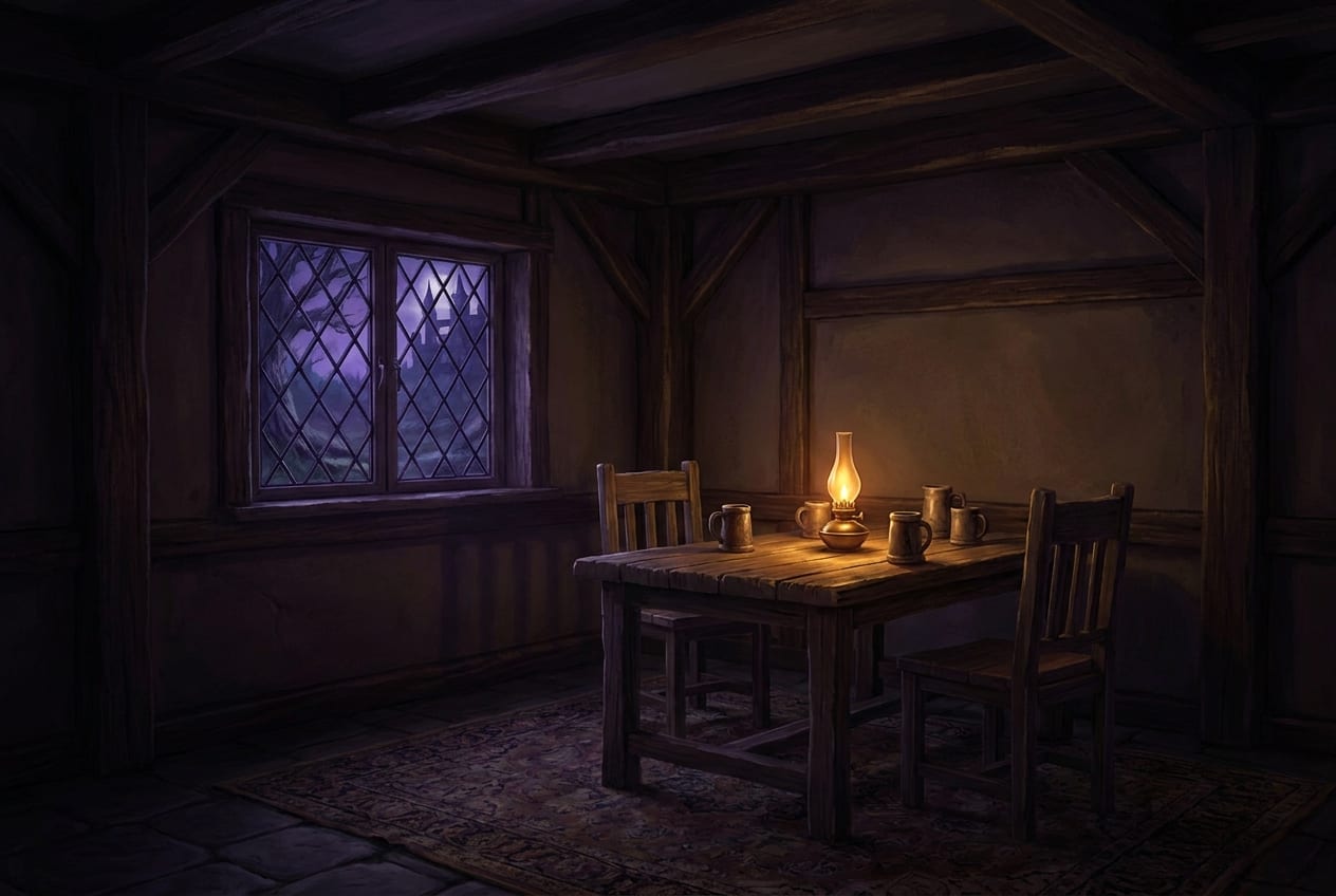 A small timbered room with a lamplit table, two chairs and pewter tankards, a diamond-paned window looking onto a violet night