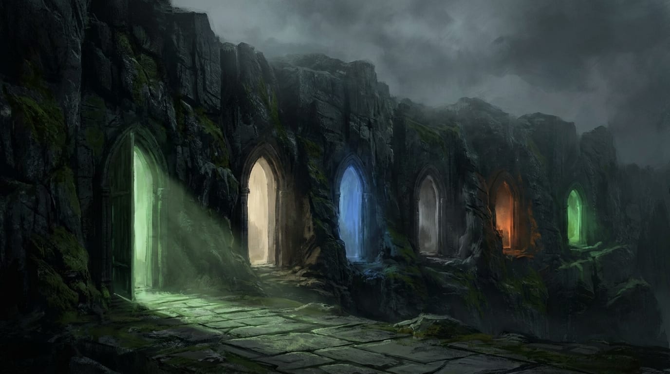 A mossy cliff face cut with six arched doorways in a row, each one glowing a different colour — green, white, blue, grey, orange, green
