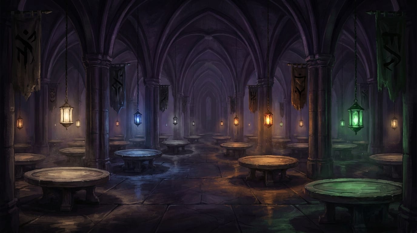A vaulted stone hall lined with round game tables, each lit by a hanging lantern burning a different colour — white, blue, orange, green — with rune-marked banners on the pillars