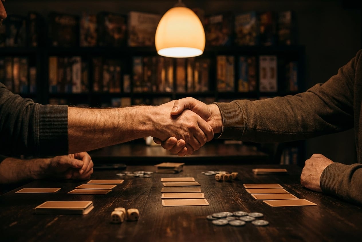 Two players shaking hands across a dark wooden table strewn with cards, dice and metal counters, a game shop's shelves lit behind them