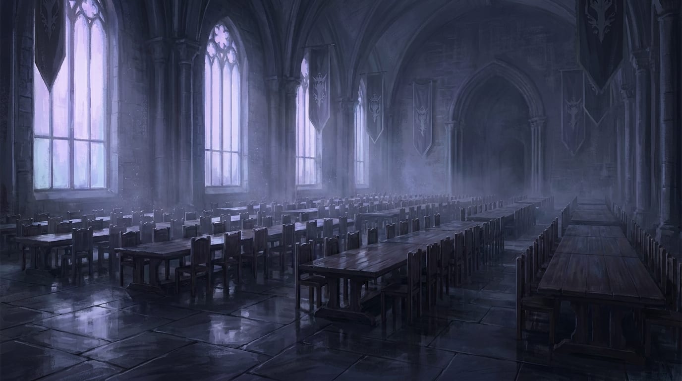 A vast cold refectory of long empty tables and benches under grey gothic windows, banners hanging the length of the hall