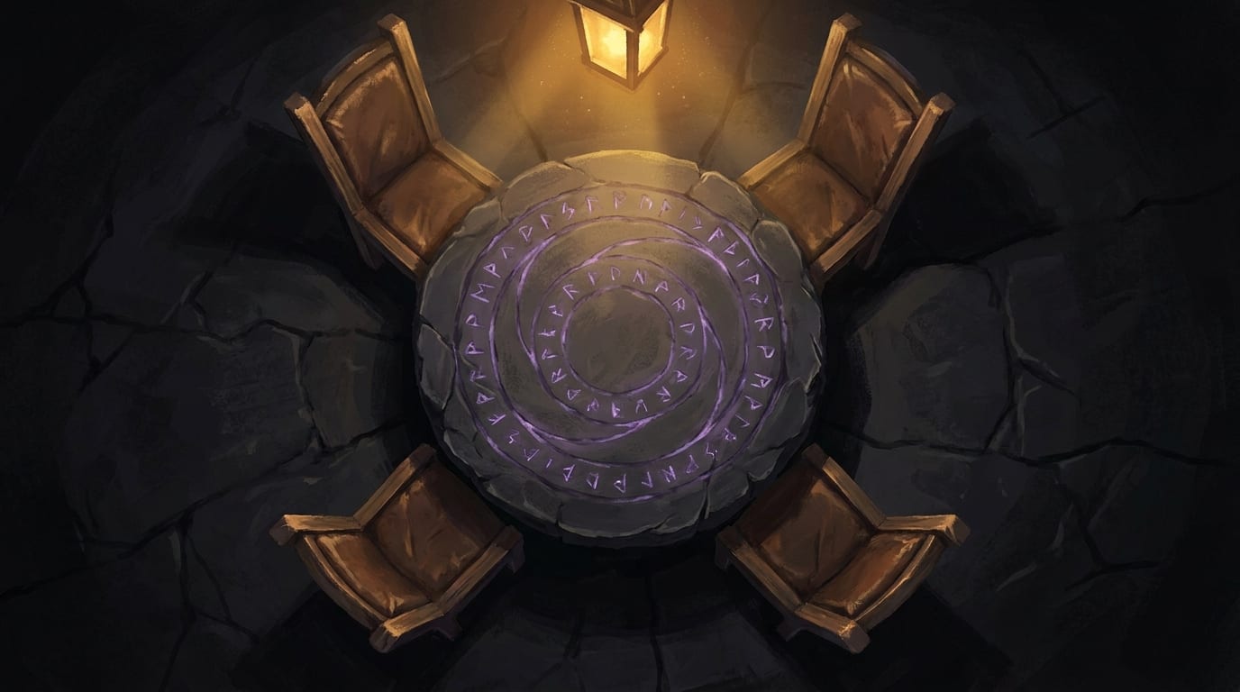 An overhead view of a round rune-carved stone table with four chairs drawn up to it, a violet spiral of runes glowing across its surface under a hanging lantern