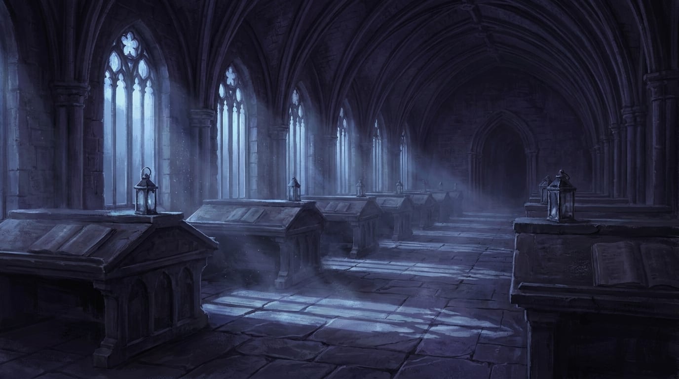 A vaulted gothic hall lined with stone lecterns and lanterns, shafts of pale light falling through tall windows