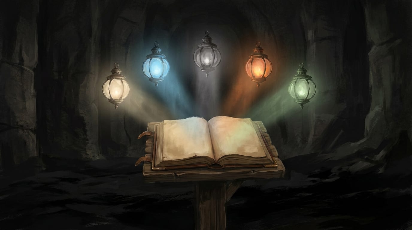 An open book on a wooden lectern in a dark cavern, lit by five hanging lanterns casting white, blue, grey, orange and green beams onto the page