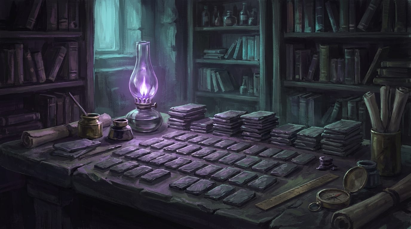 A scholar's worktable under a violet oil lamp, dozens of blank slate cards laid out in a grid with stacks, inkwells, a ruler and a compass
