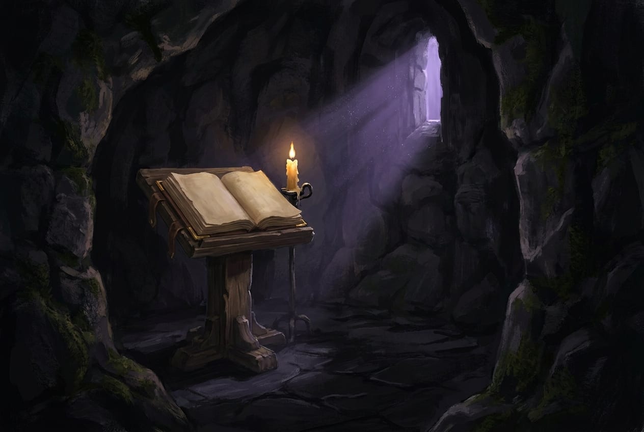 A candlelit lectern holding an open book in a mossy cave, violet daylight falling through a window slit in the rock