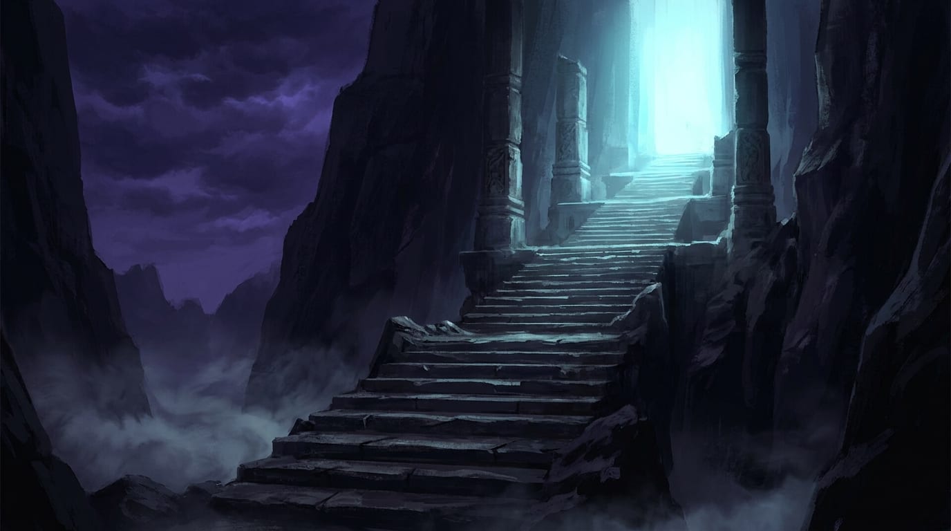 A long stone staircase climbing a narrow ravine toward a blazing cyan gateway set between carved pillars