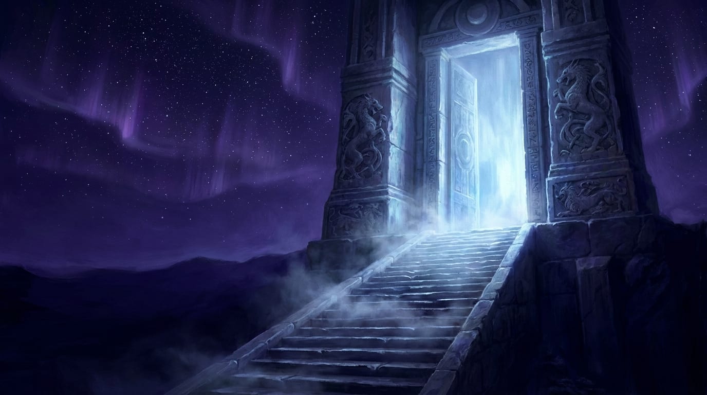 A carved stone doorway standing open at the top of a long flight of steps, white-blue light and mist pouring out of it under a violet aurora