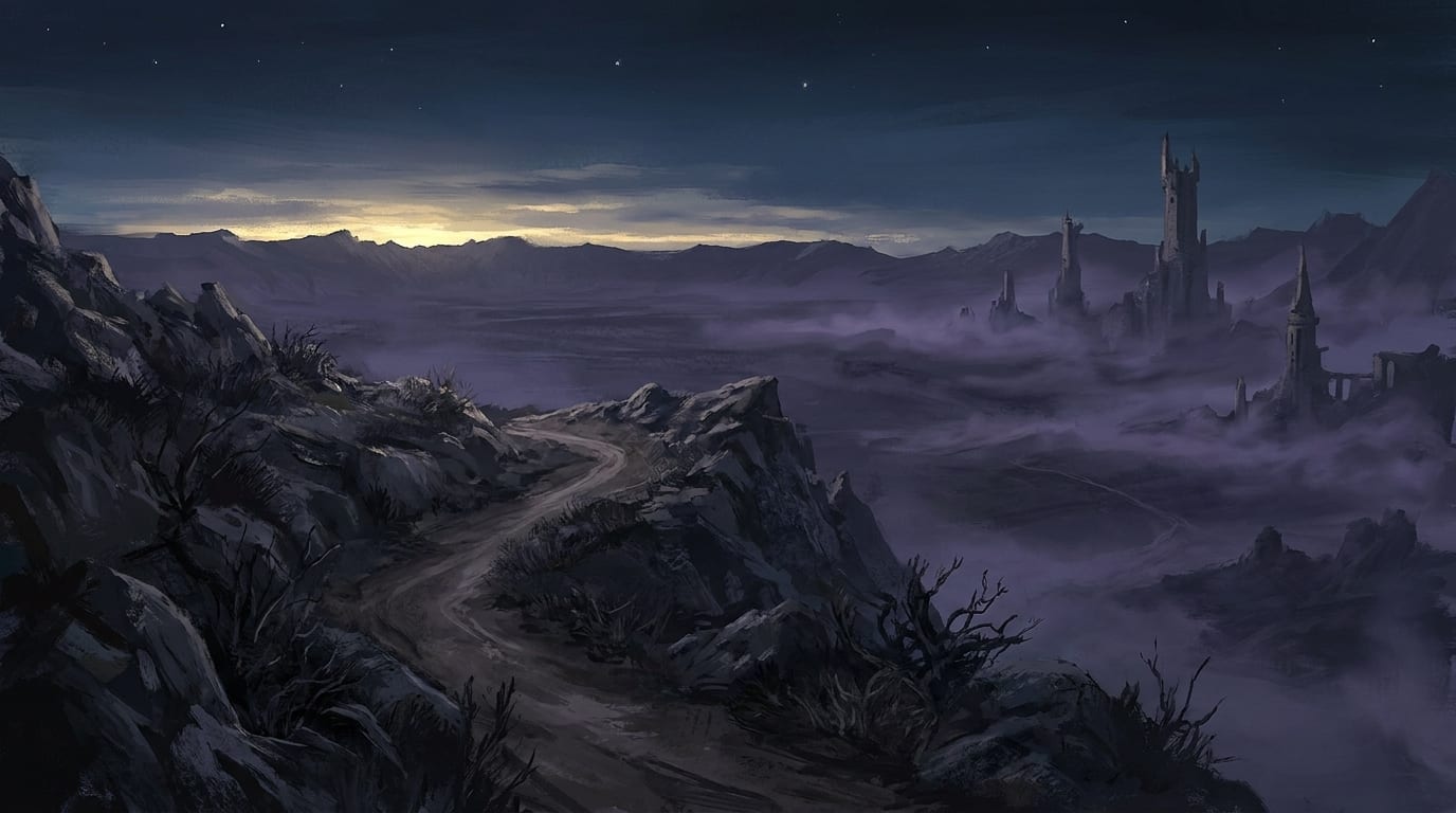 A dirt road winding down a rocky ridge toward a mist-drowned valley of distant spires, dawn breaking on the horizon