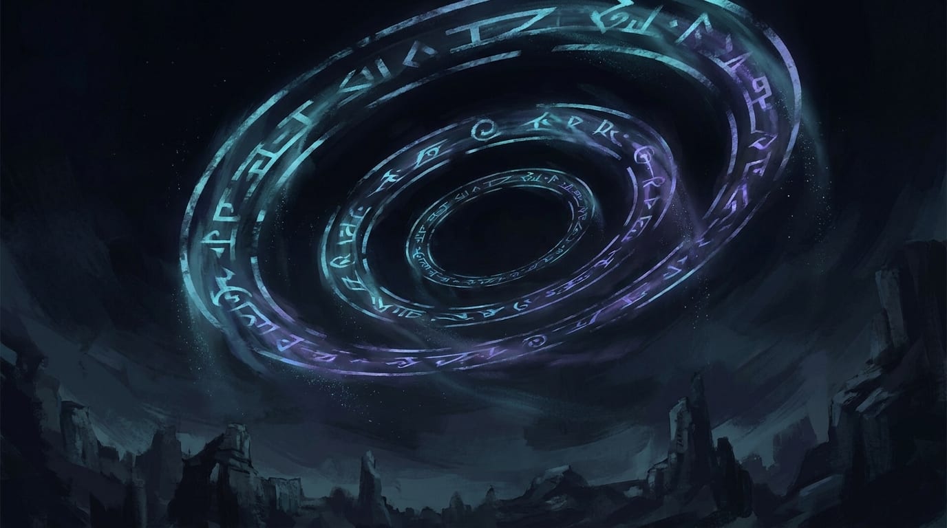 Concentric rings of glowing runes turning in the night sky above a dark ruined skyline
