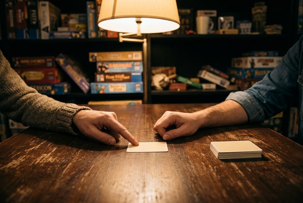 Two people's hands across a dark wooden table under a lamp in a game shop, one finger resting on a single face-down card with a small deck beside it