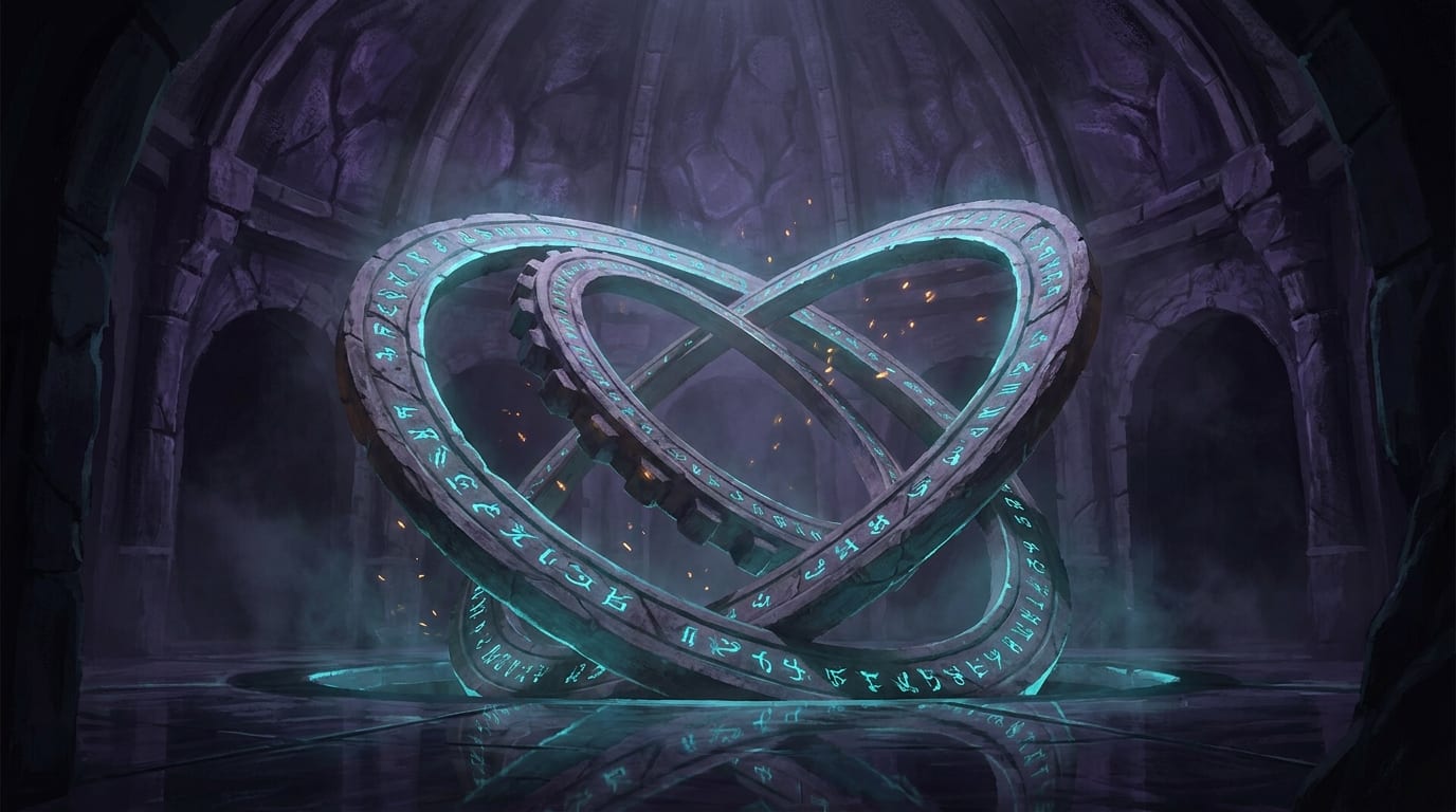 Three interlocking stone rings carved with glowing cyan runes, turning inside a vaulted chamber above still water