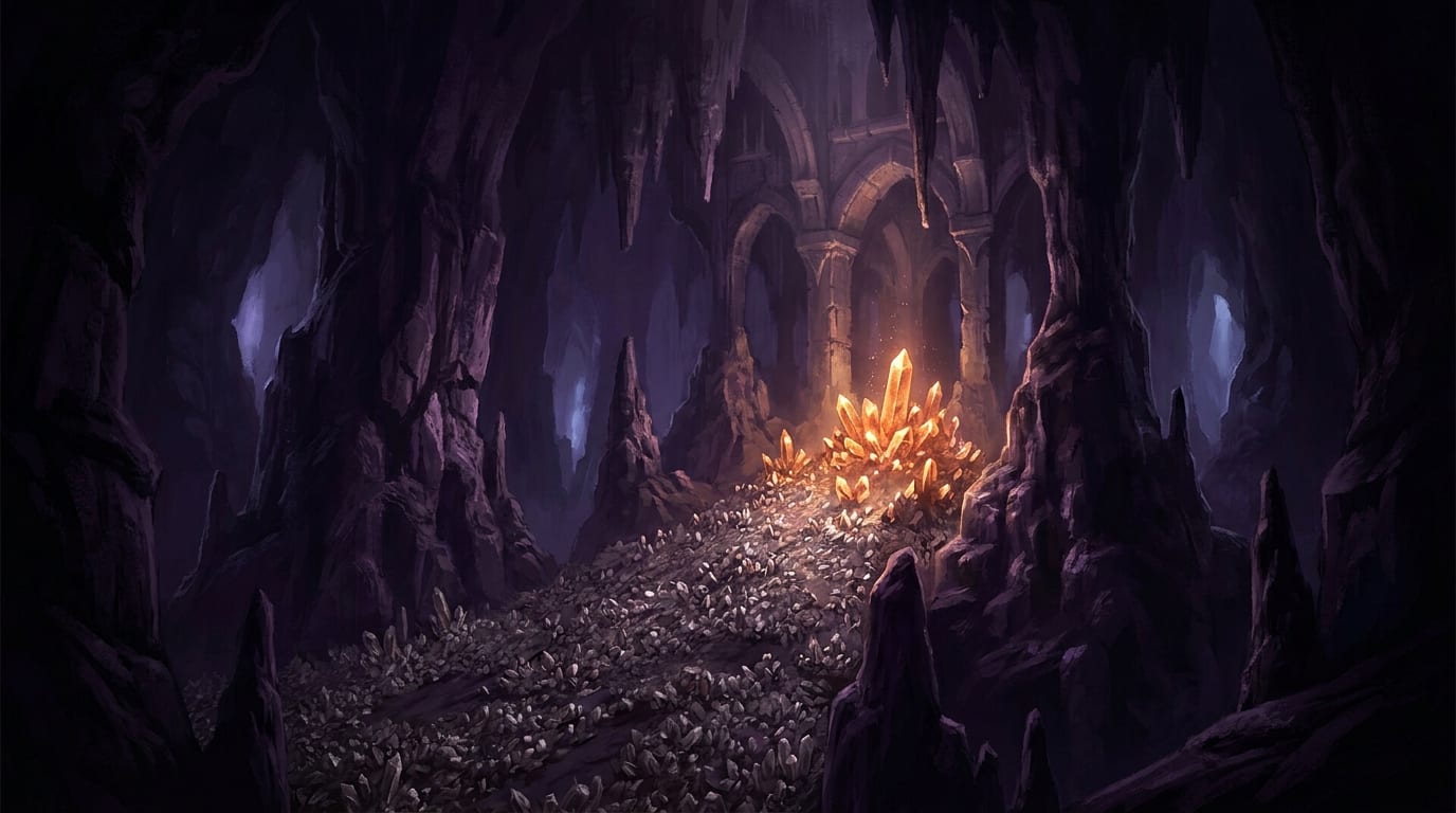 A violet rock cavern with a long slope of dull grey crystals leading up to one cluster of blazing gold crystals beneath ruined stone arches