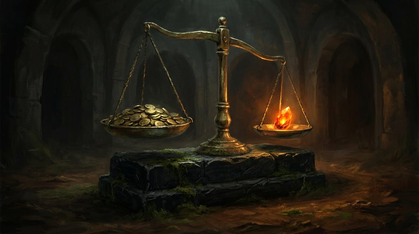 A brass balance scale on a mossy black stone plinth, one pan heaped with gold coins, the other holding a single burning orange crystal that outweighs them