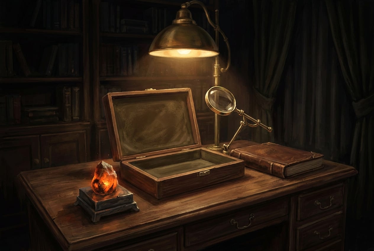 A brass desk lamp lit over an open, empty glass-topped display case on a wooden desk, with a magnifier on a brass arm, a leather ledger and one glowing amber crystal