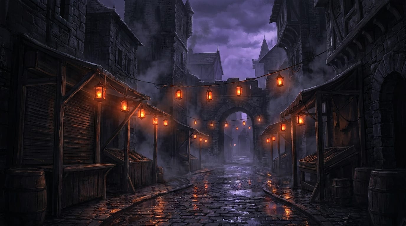 A rain-slick cobbled night market street of shuttered wooden stalls, strung with orange lanterns, leading to a stone archway under a violet sky