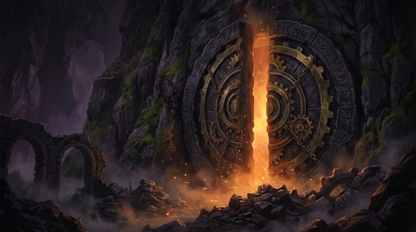 A colossal runed stone vault door split down its centre, gold gearwork rings and heavy chains across it, molten orange light and sparks pouring out of the seam onto broken rock