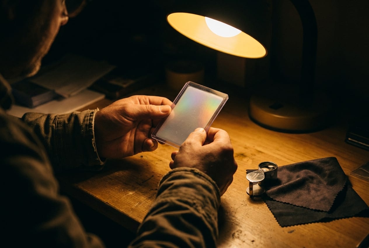 A man at a wooden desk under a warm lamp, holding a card in a rigid toploader so the foil catches the light, a jeweller's loupe and a microfibre cloth beside him