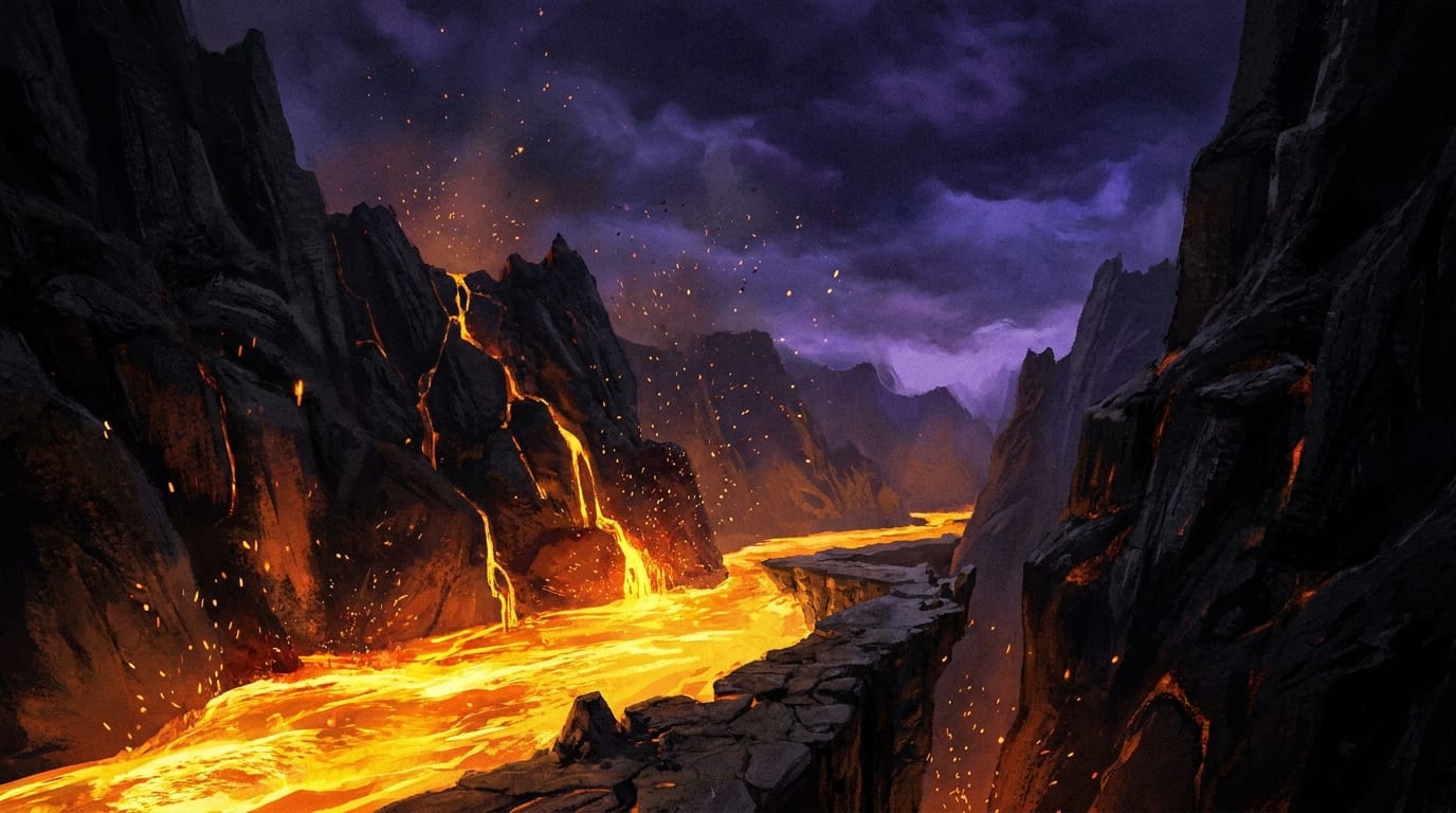 A black rock canyon with a river of molten lava running through it, lava falls spilling from the cliffs and embers rising into a violet storm sky