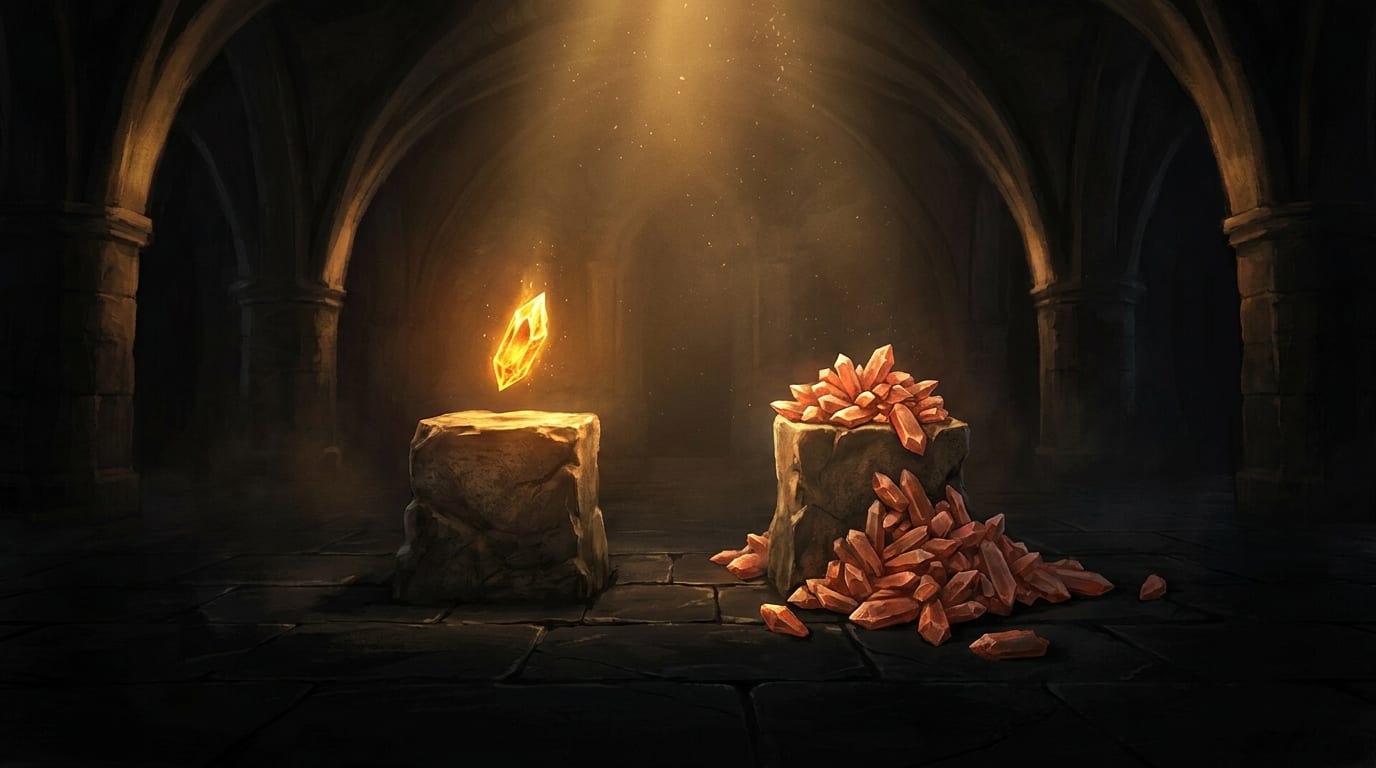Two stone plinths in a vaulted chamber: one holds a single glowing orange crystal in a shaft of light, the other is buried under a heap of identical dull crystals